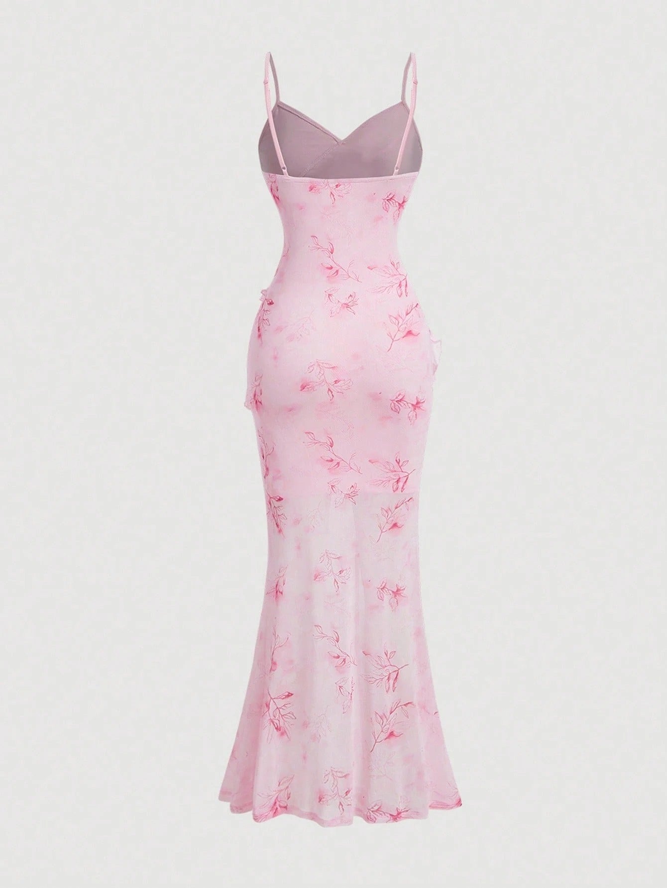 Fashzeo pastel pink tie-dye long dress with ruffle trim V-neck and sexy high side slit for summer vacation fashion.1