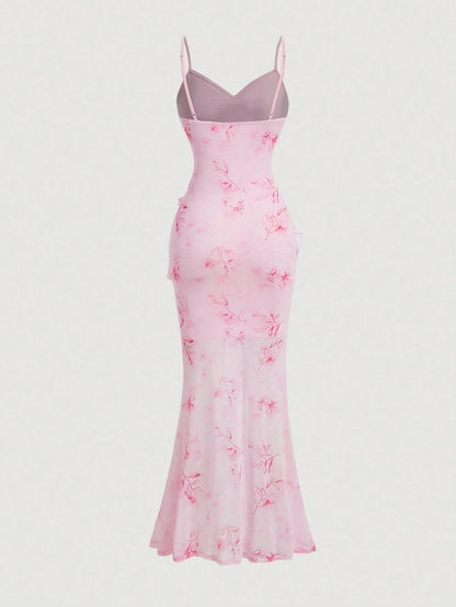 Fashzeo pastel pink tie-dye long dress with ruffle trim V-neck and sexy high side slit for summer vacation fashion.1