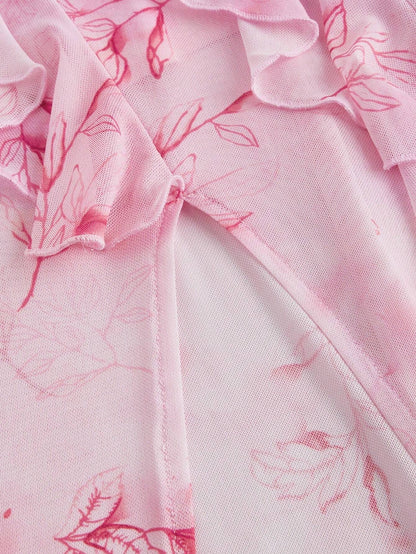Fashzeo pastel pink tie-dye long dress with ruffle trim V-neck and sexy high side slit for summer vacation fashion.3