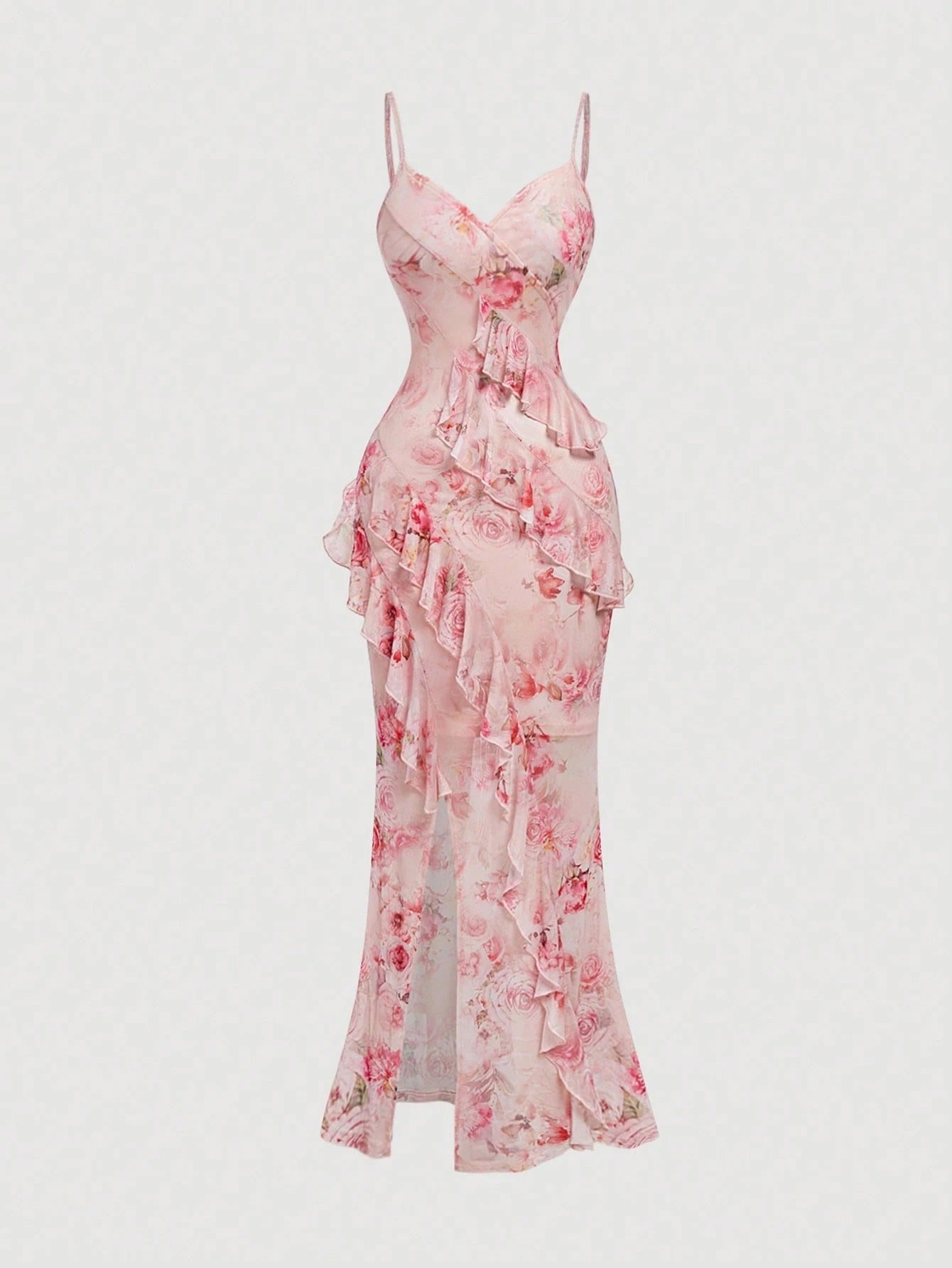 Fashzeo pink floral mesh long dress featuring a ruched bodycon fit, side slit, and ruffled fishtail hem for elegant party wear.