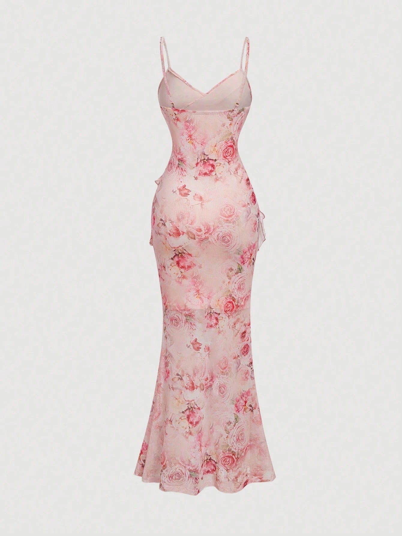 Fashzeo pink floral mesh long dress featuring a ruched bodycon fit, side slit, and ruffled fishtail hem for elegant party wear.1