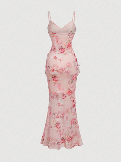 Fashzeo pink floral mesh long dress featuring a ruched bodycon fit, side slit, and ruffled fishtail hem for elegant party wear.1