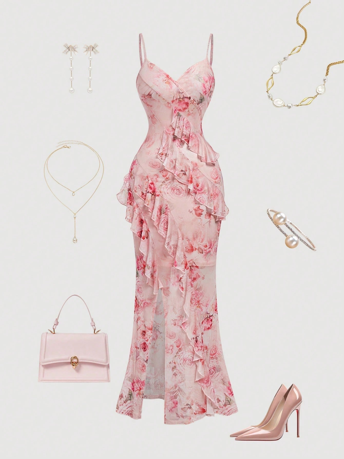 Fashzeo pink floral mesh long dress featuring a ruched bodycon fit, side slit, and ruffled fishtail hem for elegant party wear.2