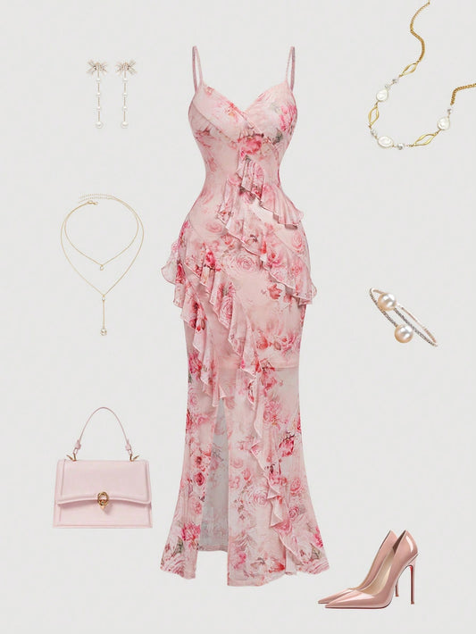 Fashzeo pink floral mesh long dress featuring a ruched bodycon fit, side slit, and ruffled fishtail hem for elegant party wear.2