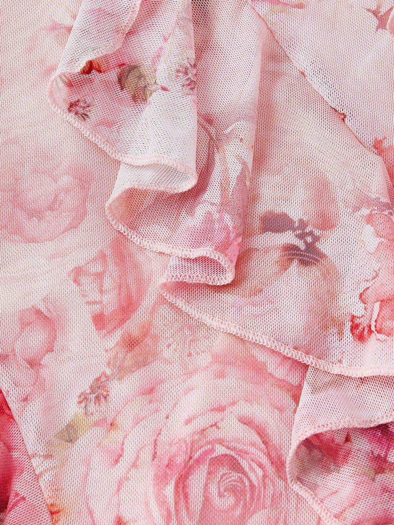 Fashzeo pink floral mesh long dress featuring a ruched bodycon fit, side slit, and ruffled fishtail hem for elegant party wear.3