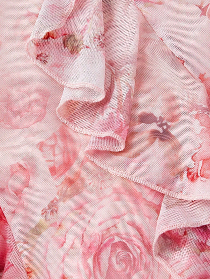 Fashzeo pink floral mesh long dress featuring a ruched bodycon fit, side slit, and ruffled fishtail hem for elegant party wear.3
