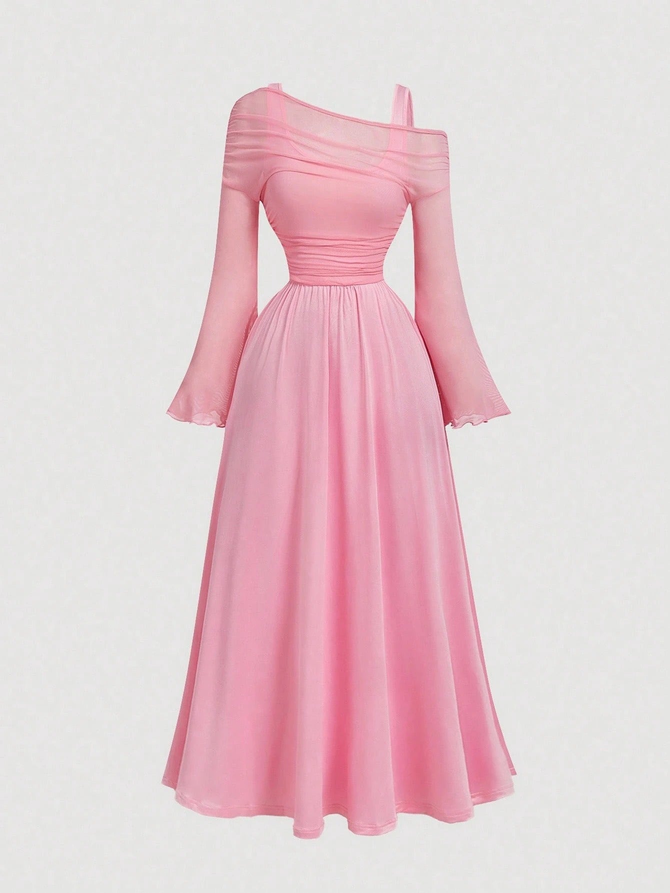Fashzeo pink off-shoulder mesh 2-in-1 dress with dramatic trumpet sleeves and asymmetrical neckline for women's vintage boho fashion
