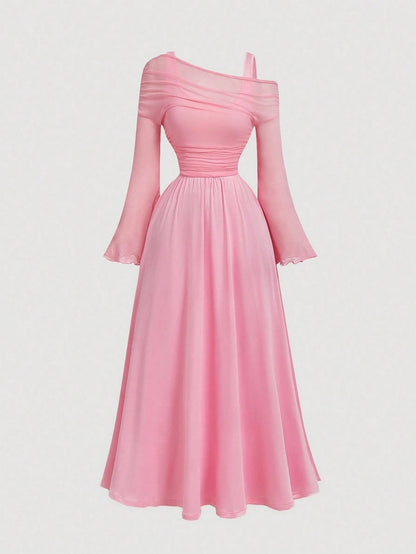 Fashzeo pink off-shoulder mesh 2-in-1 dress with dramatic trumpet sleeves and asymmetrical neckline for women's vintage boho fashion