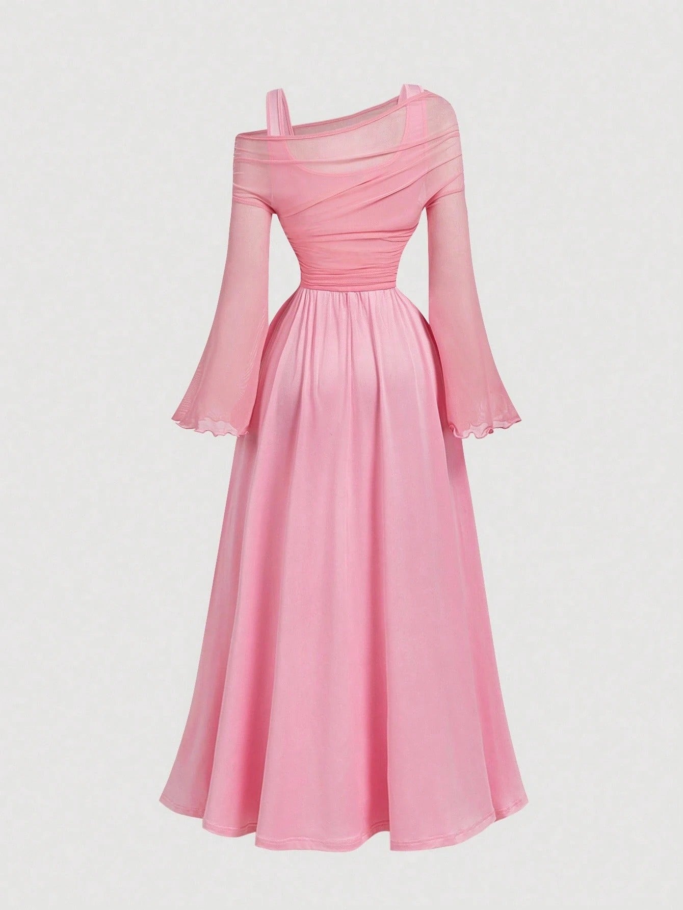Fashzeo pink off-shoulder mesh 2-in-1 dress with dramatic trumpet sleeves and asymmetrical neckline for women's vintage boho fashion1