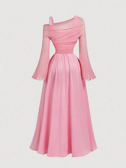 Fashzeo pink off-shoulder mesh 2-in-1 dress with dramatic trumpet sleeves and asymmetrical neckline for women's vintage boho fashion1