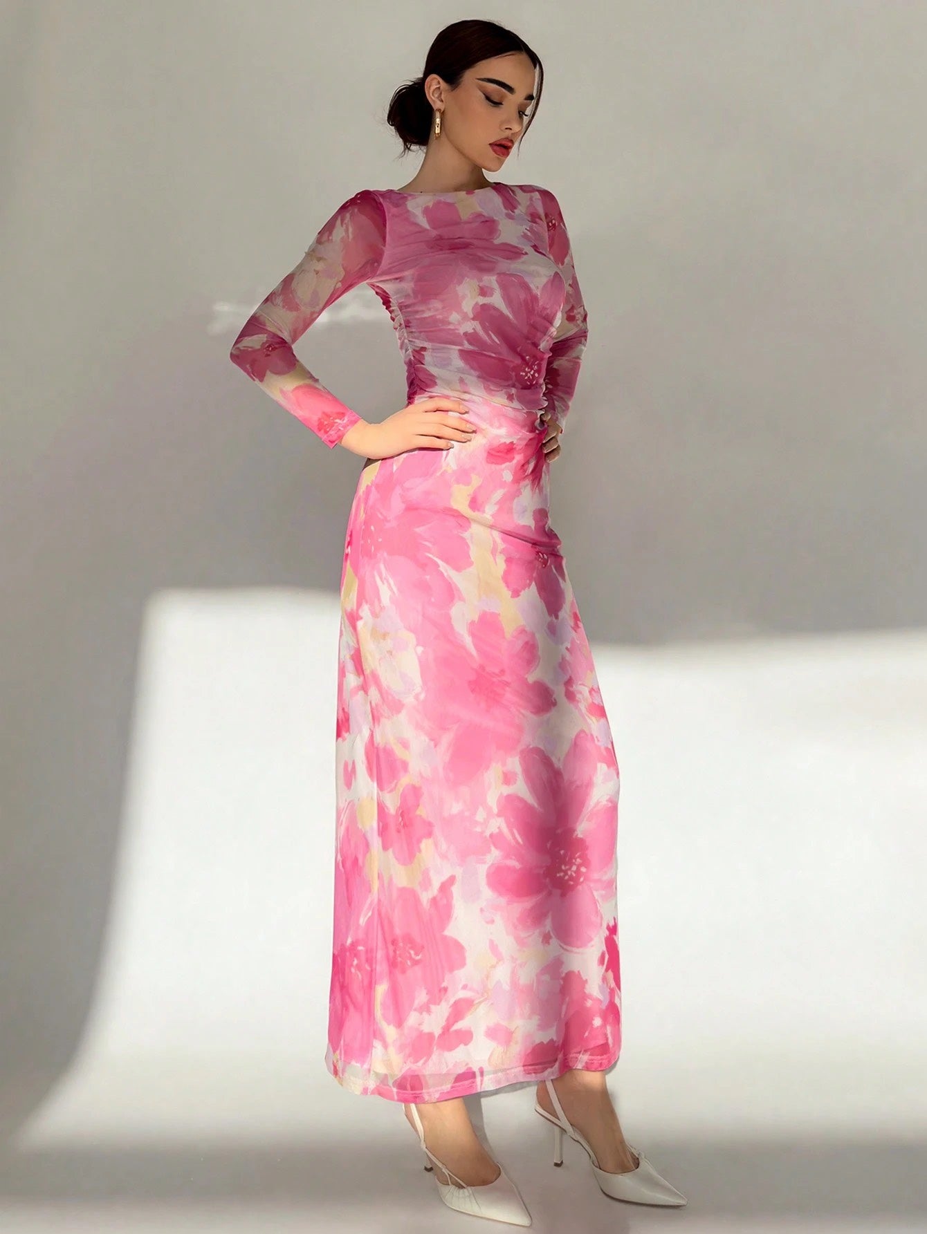 Fashzeo pink romantic rose print off-shoulder long dress with pleated long sleeves and a ruched bodycon hip wrap silhouette.