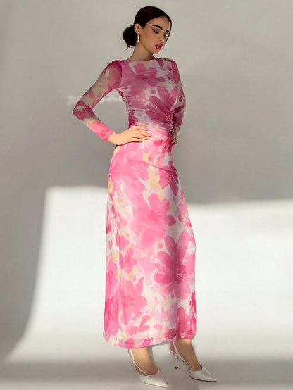 Fashzeo pink romantic rose print off-shoulder long dress with pleated long sleeves and a ruched bodycon hip wrap silhouette.