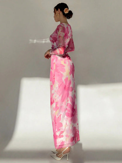 Fashzeo pink romantic rose print off-shoulder long dress with pleated long sleeves and a ruched bodycon hip wrap silhouette.