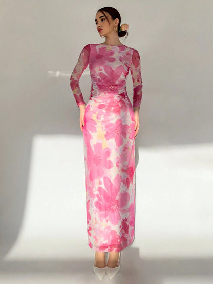 Fashzeo pink romantic rose print off-shoulder long dress with pleated long sleeves and a ruched bodycon hip wrap silhouette.