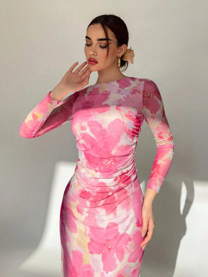 Fashzeo pink romantic rose print off-shoulder long dress with pleated long sleeves and a ruched bodycon hip wrap silhouette.