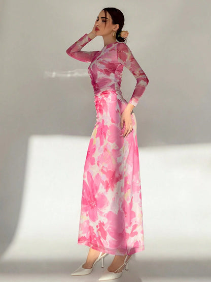 Fashzeo pink romantic rose print off-shoulder long dress with pleated long sleeves and a ruched bodycon hip wrap silhouette.