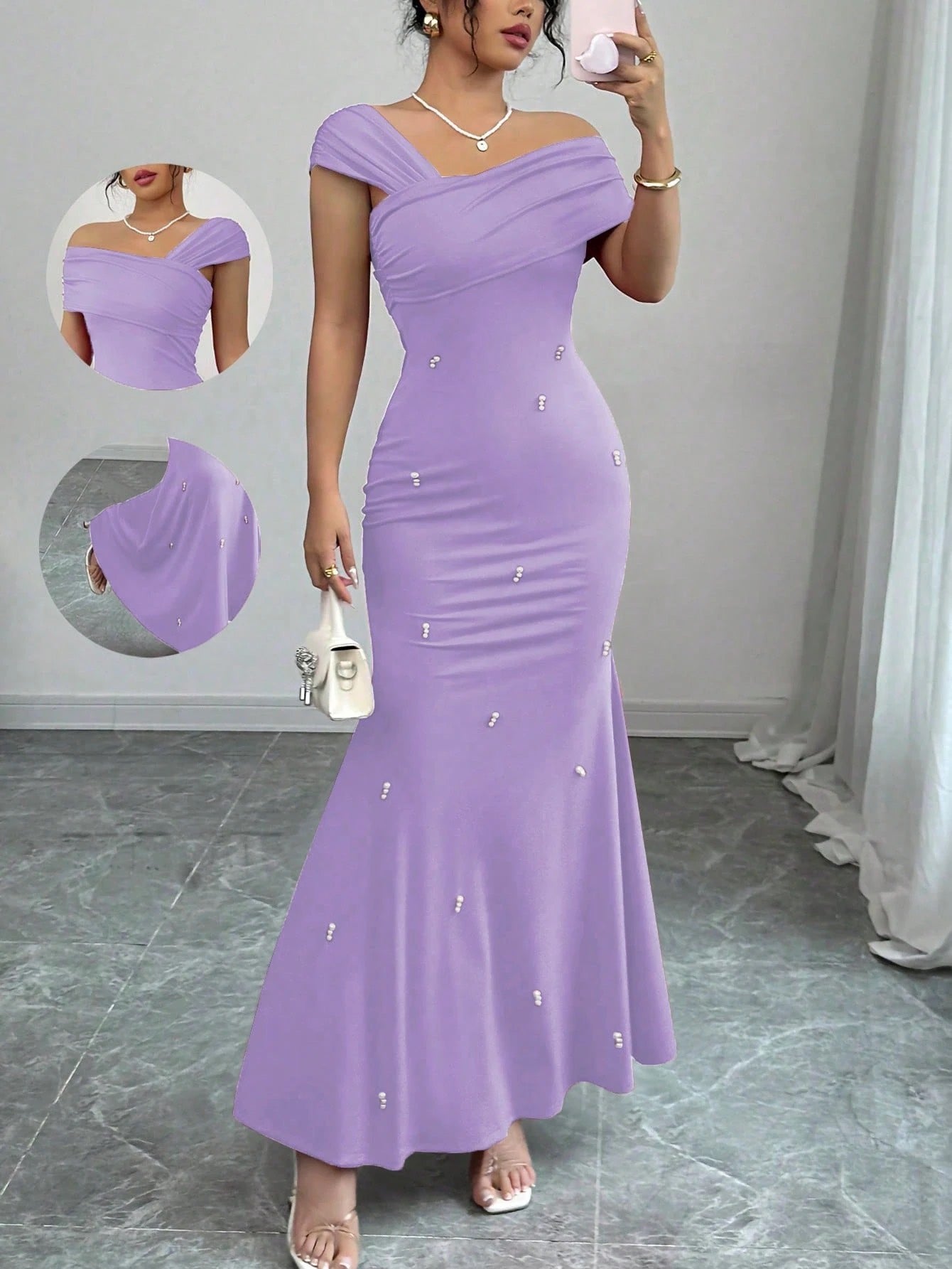 Fashzeo purple asymmetrical beaded mermaid long dress featuring a sleek one-shoulder neckline and floor-length evening gown silhouette