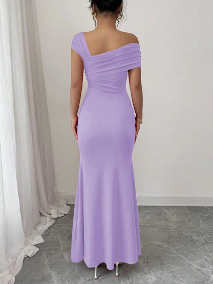 Fashzeo purple asymmetrical beaded mermaid long dress featuring a sleek one-shoulder neckline and floor-length evening gown silhouette