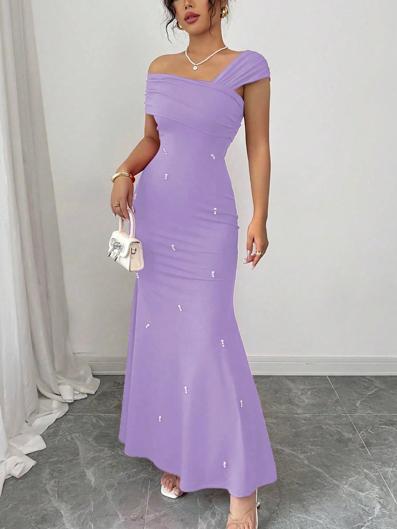 Fashzeo purple asymmetrical beaded mermaid long dress featuring a sleek one-shoulder neckline and floor-length evening gown silhouette