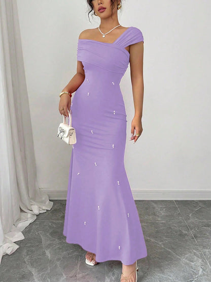 Fashzeo purple asymmetrical beaded mermaid long dress featuring a sleek one-shoulder neckline and floor-length evening gown silhouette