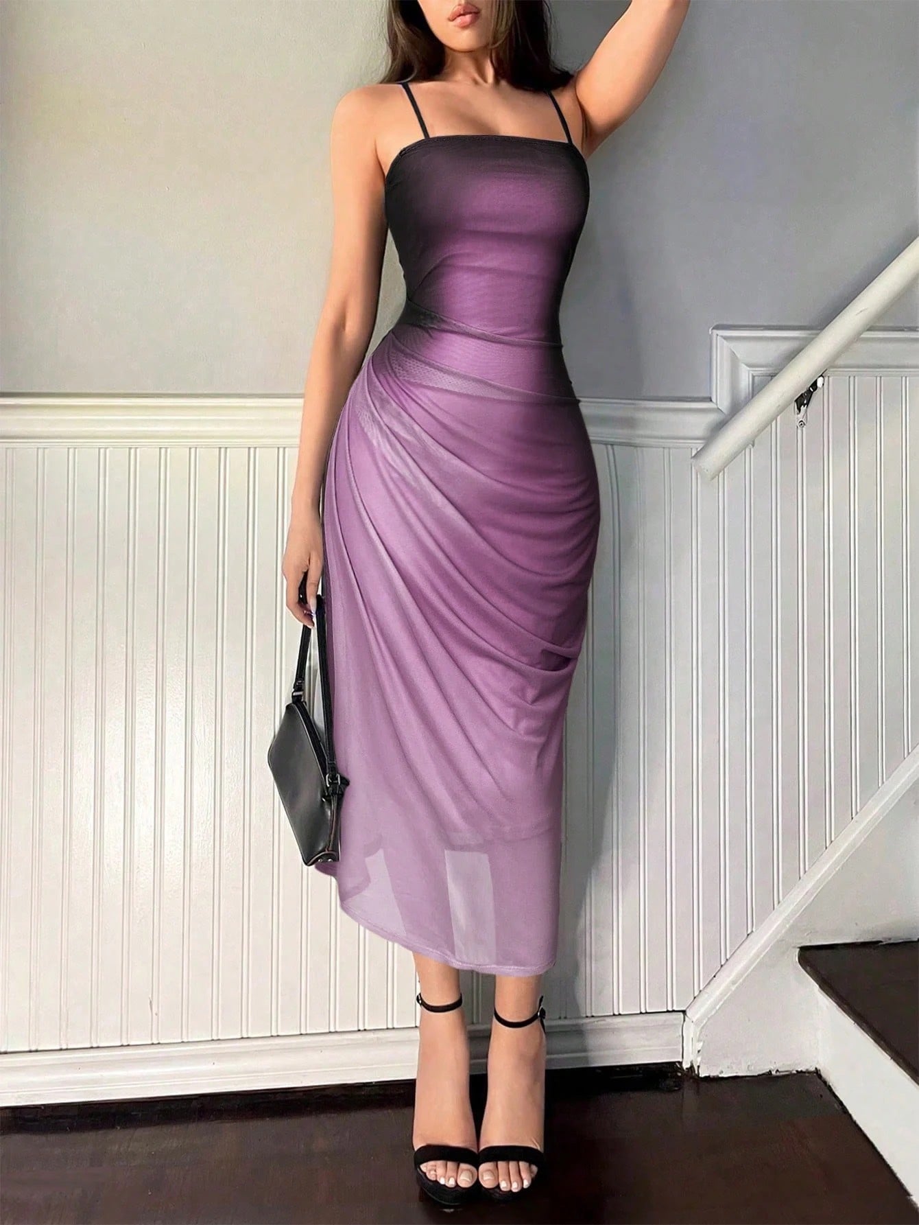 Fashzeo purple ombre pleated long dress with a sunset gradient effect and delicate spaghetti straps for premium Indian fashion.