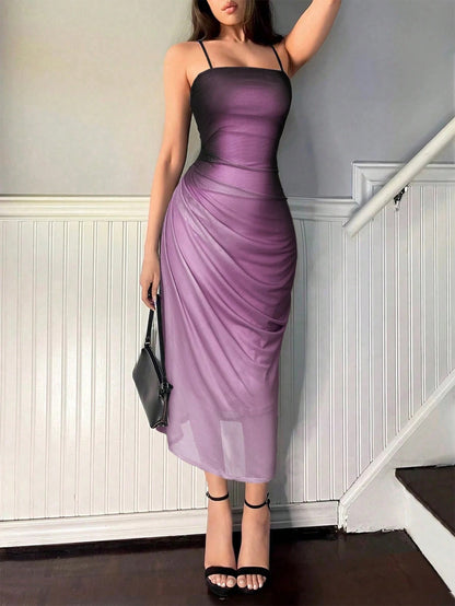 Fashzeo purple ombre pleated long dress with a sunset gradient effect and delicate spaghetti straps for premium Indian fashion.
