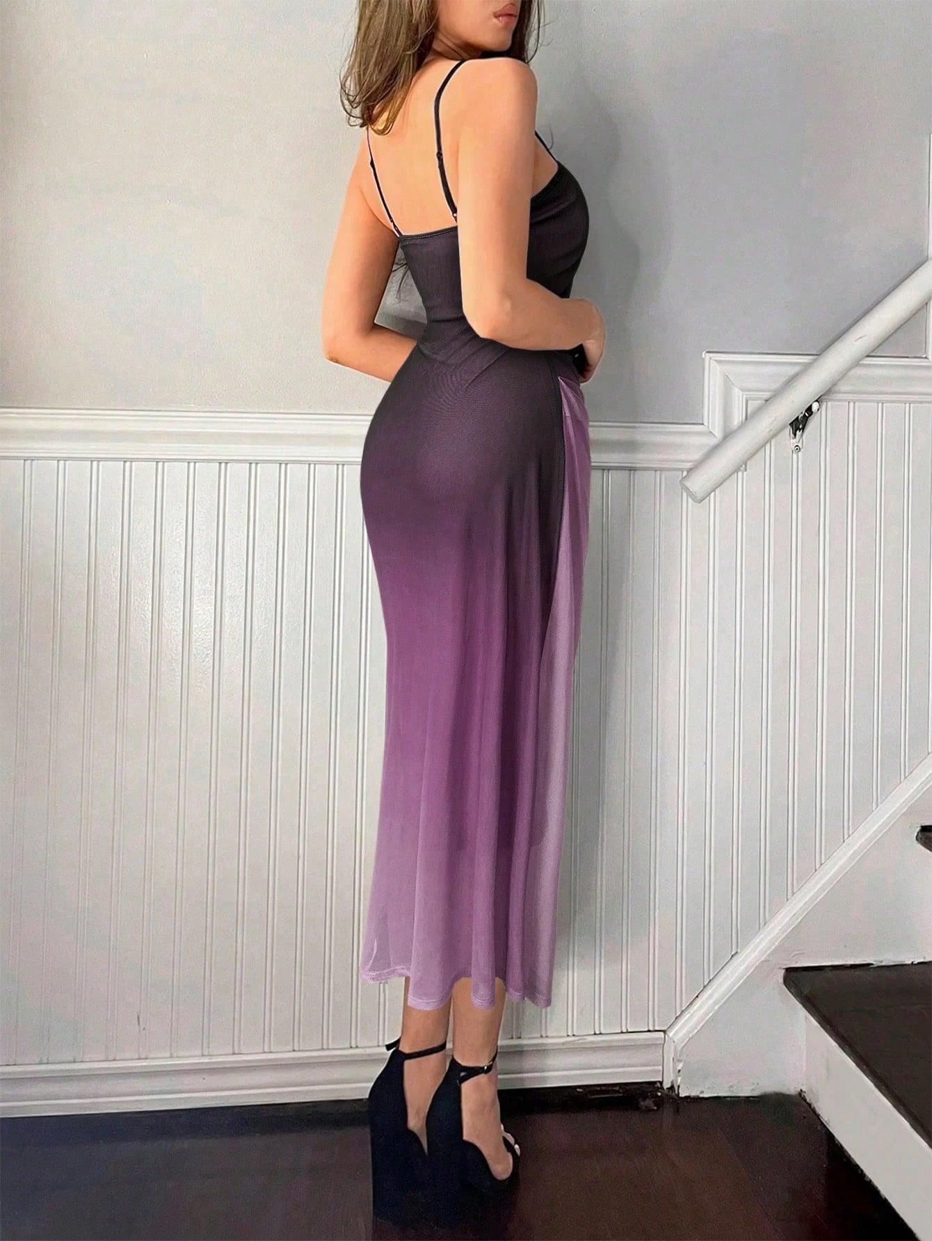 Fashzeo purple ombre pleated long dress with a sunset gradient effect and delicate spaghetti straps for premium Indian fashion.