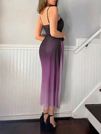 Fashzeo purple ombre pleated long dress with a sunset gradient effect and delicate spaghetti straps for premium Indian fashion.