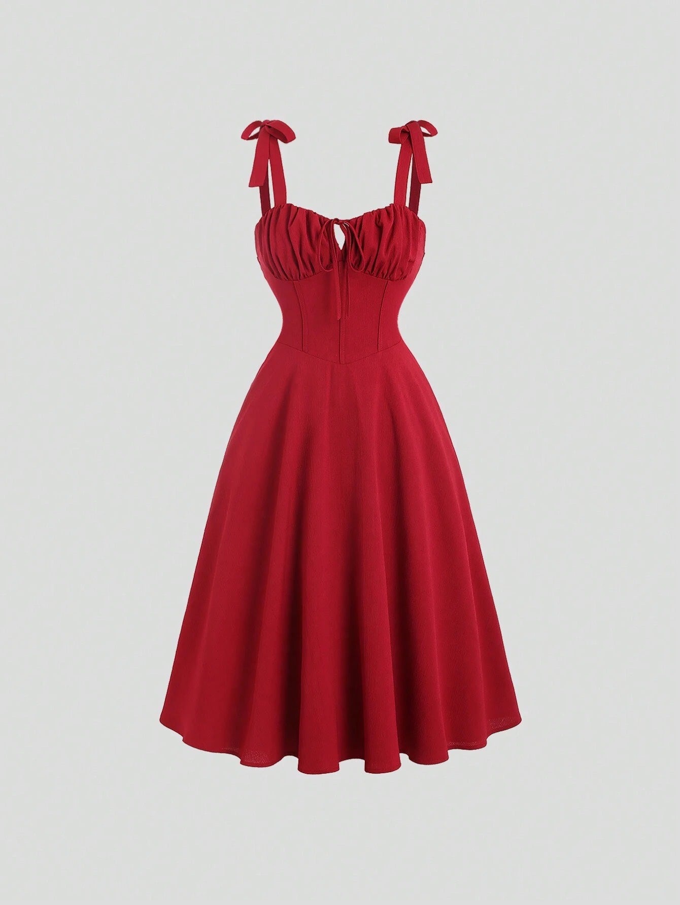 Fashzeo red corset-style midi dress with ruched bust and adjustable tie-shoulder straps for women