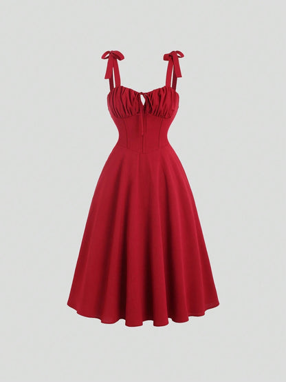 Fashzeo red corset-style midi dress with ruched bust and adjustable tie-shoulder straps for women