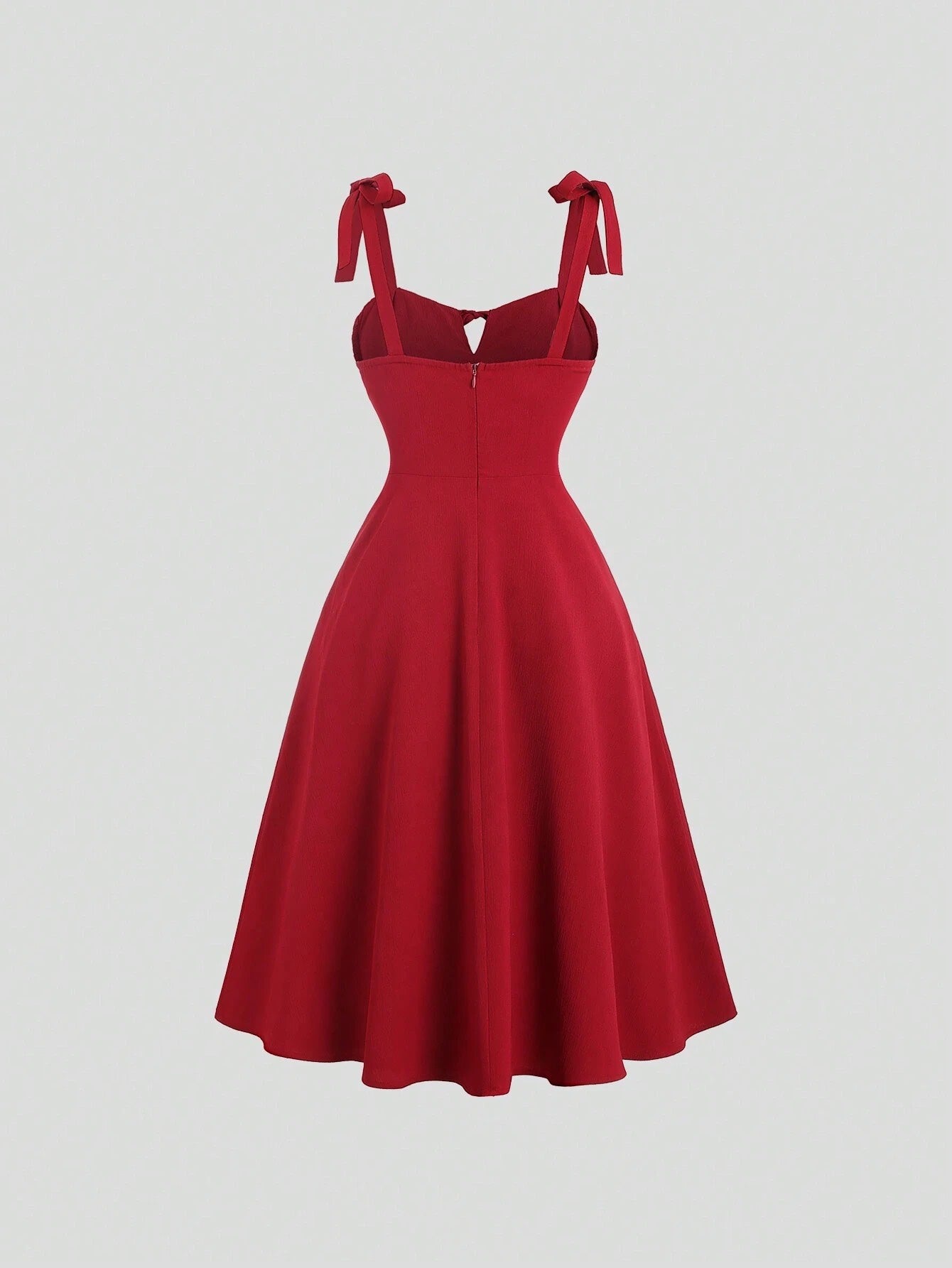 Fashzeo red corset-style midi dress with ruched bust and adjustable tie-shoulder straps for women1