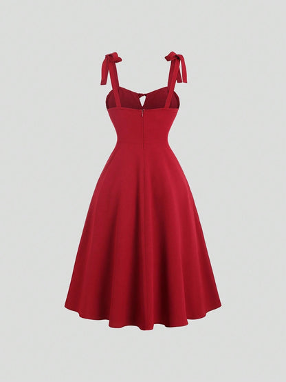 Fashzeo red corset-style midi dress with ruched bust and adjustable tie-shoulder straps for women1