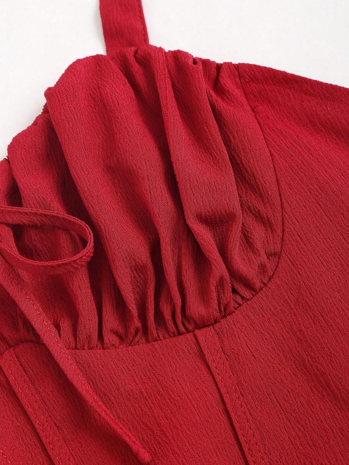 Fashzeo red corset-style midi dress with ruched bust and adjustable tie-shoulder straps for women2