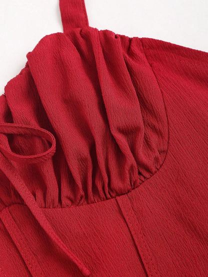 Fashzeo red corset-style midi dress with ruched bust and adjustable tie-shoulder straps for women2