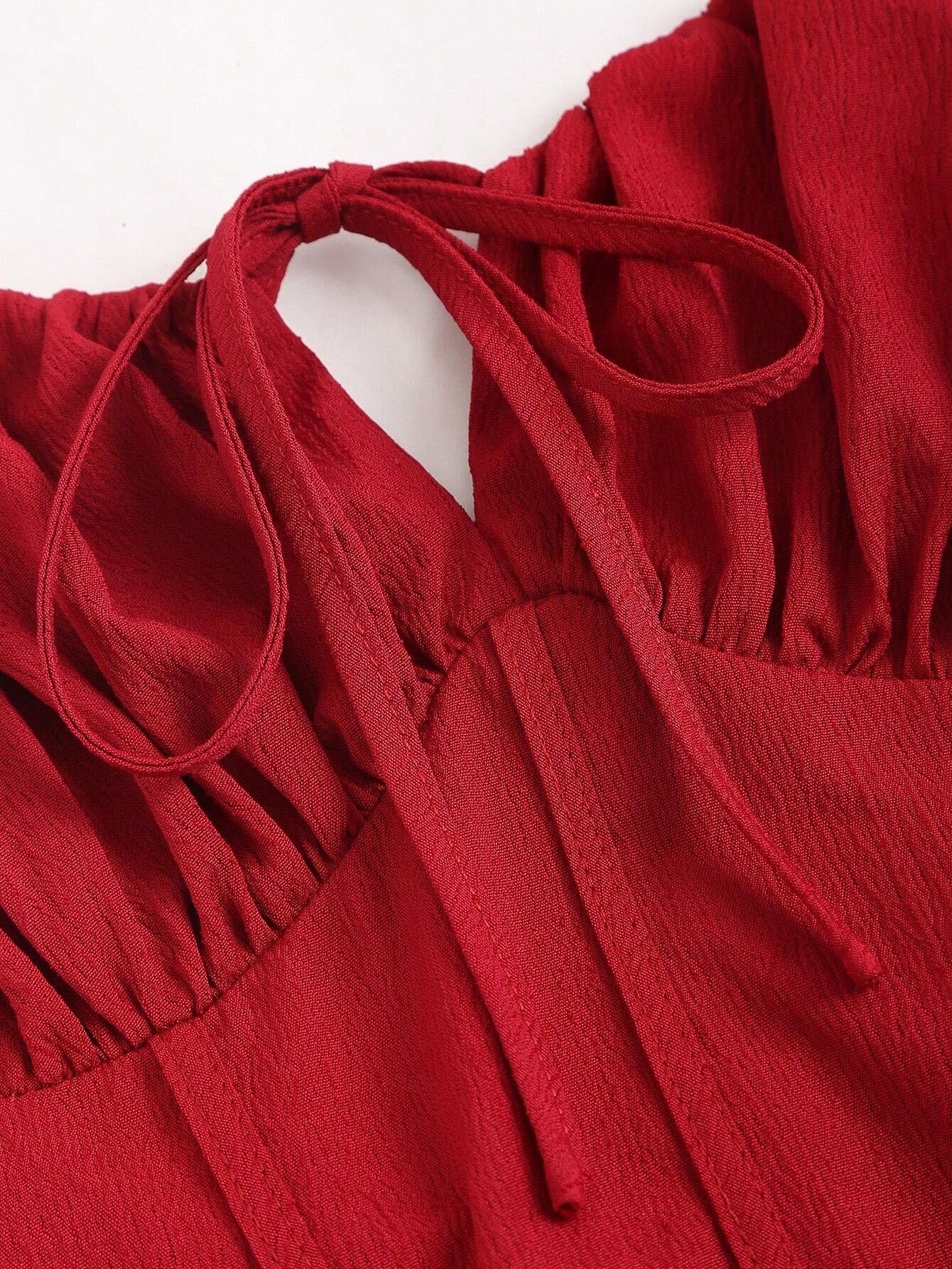 Fashzeo red corset-style midi dress with ruched bust and adjustable tie-shoulder straps for women3