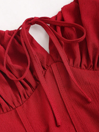 Fashzeo red corset-style midi dress with ruched bust and adjustable tie-shoulder straps for women3