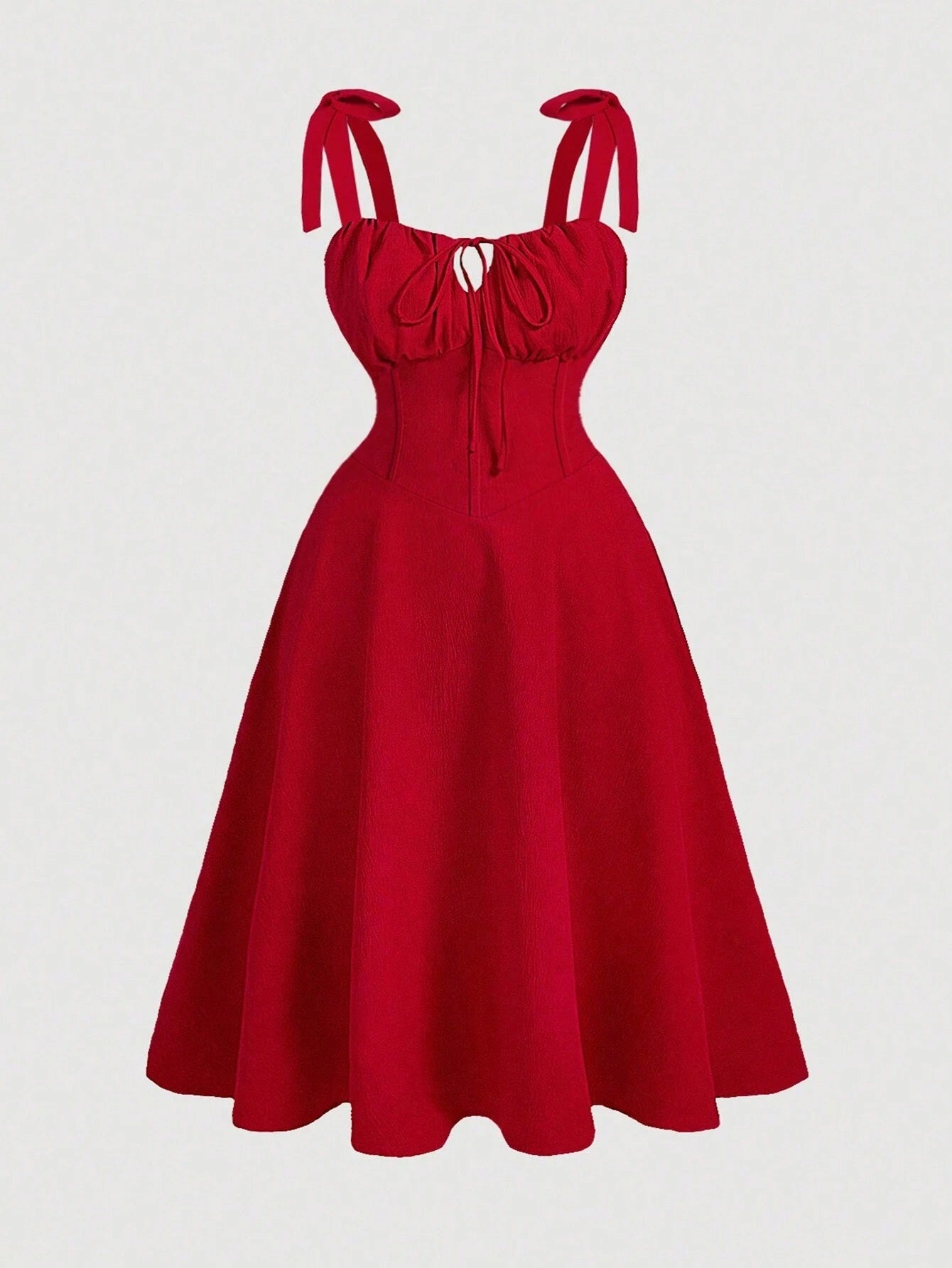Fashzeo red corset-style midi dress with ruched bust and adjustable tie-shoulder straps for women5