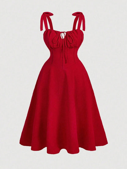 Fashzeo red corset-style midi dress with ruched bust and adjustable tie-shoulder straps for women5