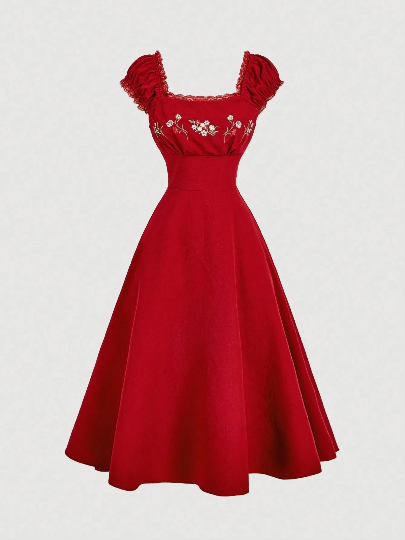 Fashzeo red embroidered midi dress with contrast lace square neck and puff shell sleeves