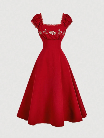 Fashzeo red embroidered midi dress with contrast lace square neck and puff shell sleeves