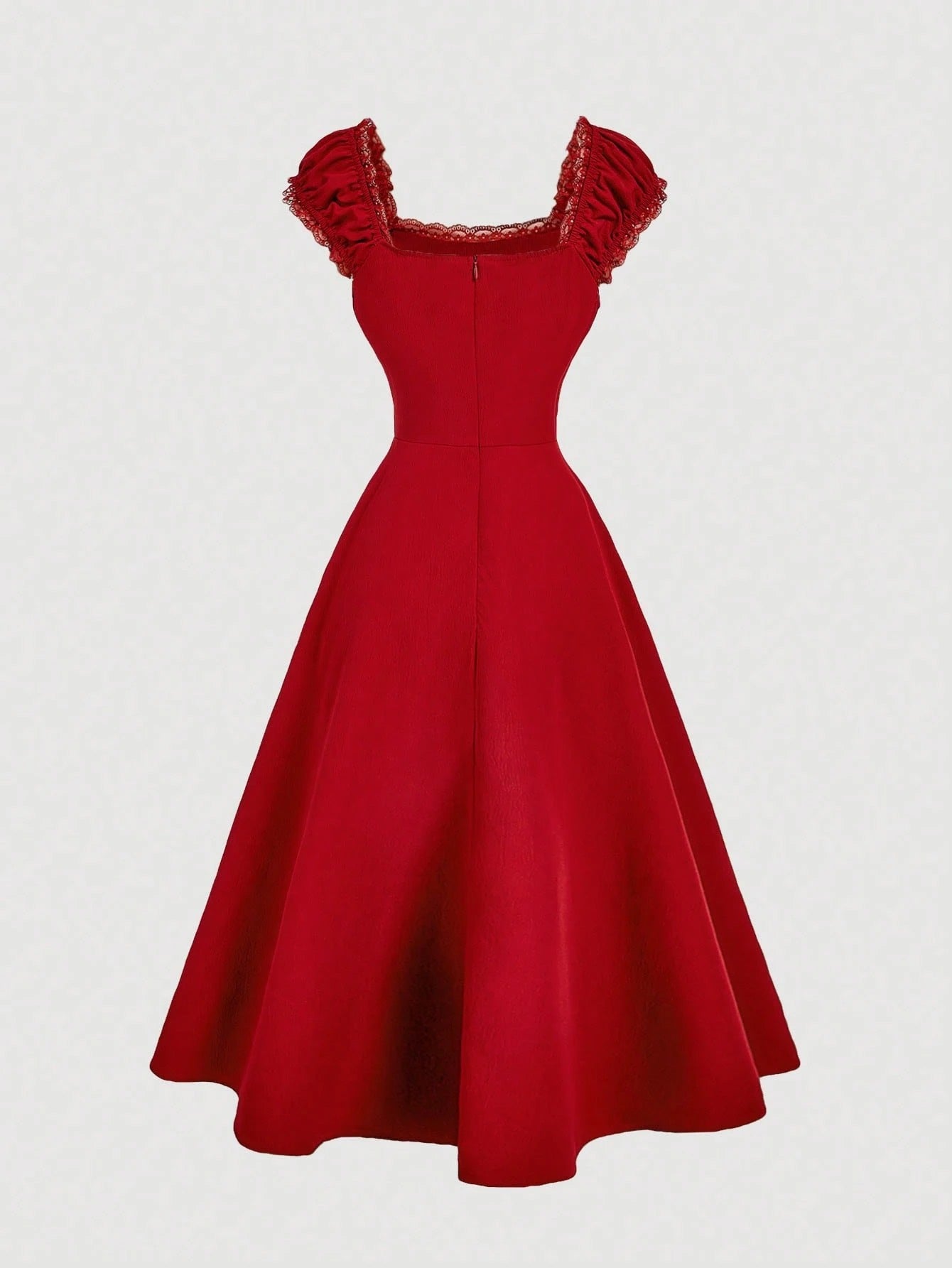 Fashzeo red embroidered midi dress with contrast lace square neck and puff shell sleeves2