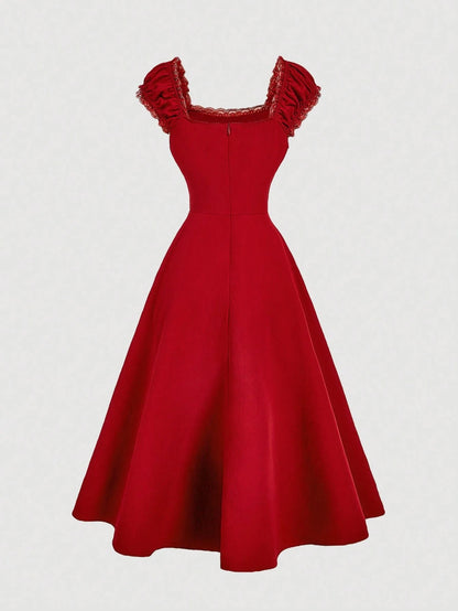 Fashzeo red embroidered midi dress with contrast lace square neck and puff shell sleeves2