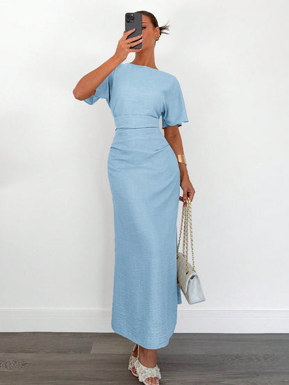 Fashzeo sky blue linen blend long dress featuring a square neck, high slit, and ruffled fishtail hem for a quiet luxury aesthetic.