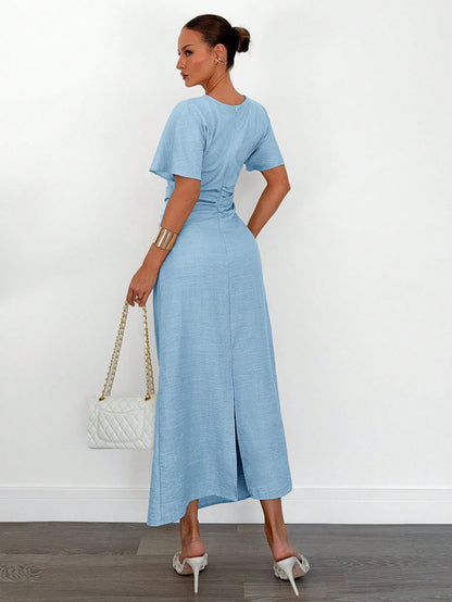 Fashzeo sky blue linen blend long dress featuring a square neck, high slit, and ruffled fishtail hem for a quiet luxury aesthetic.1