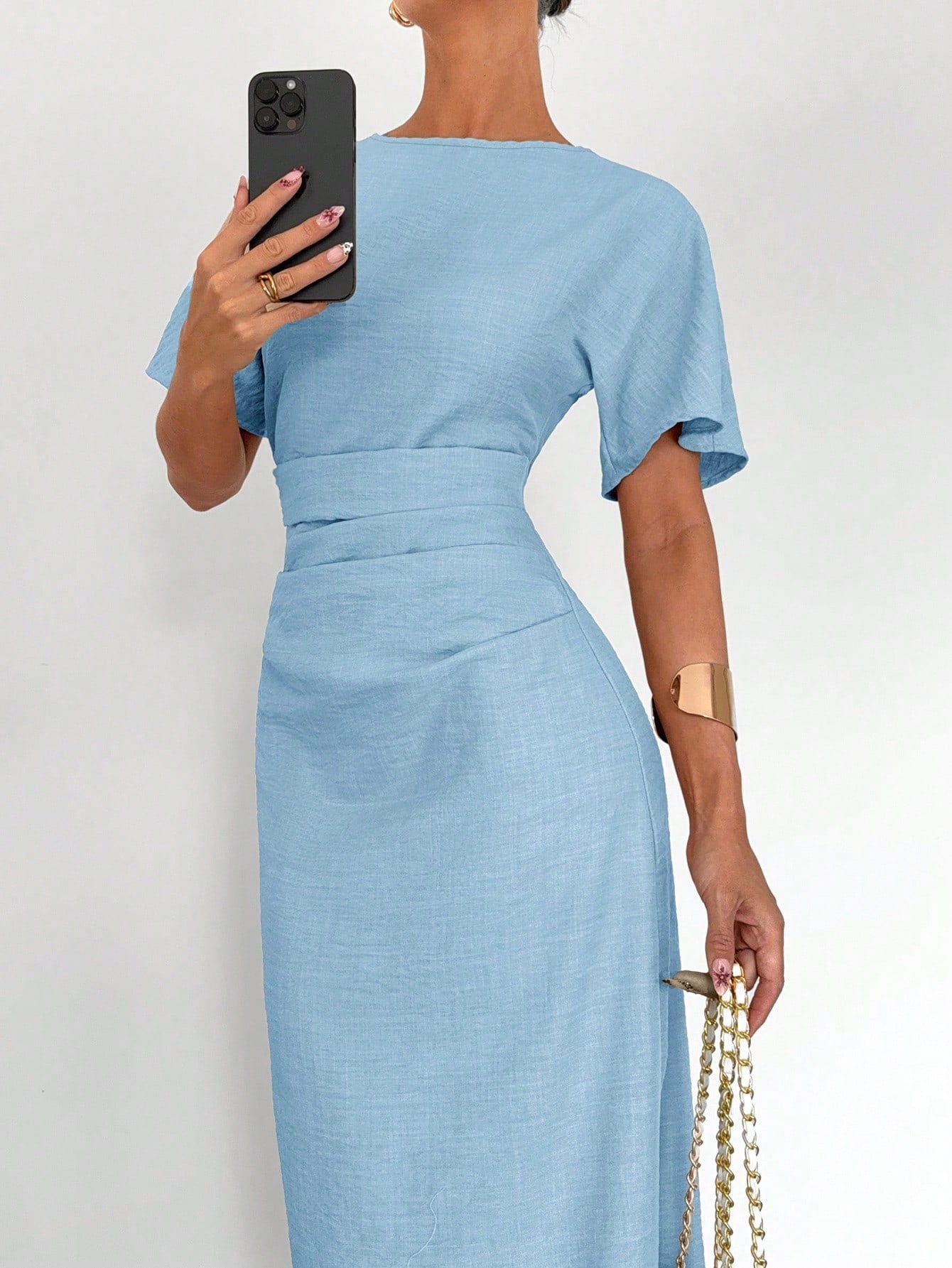 Fashzeo sky blue linen blend long dress featuring a square neck, high slit, and ruffled fishtail hem for a quiet luxury aesthetic.2