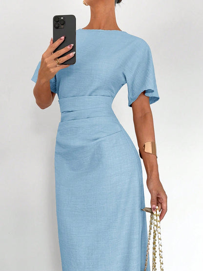 Fashzeo sky blue linen blend long dress featuring a square neck, high slit, and ruffled fishtail hem for a quiet luxury aesthetic.2