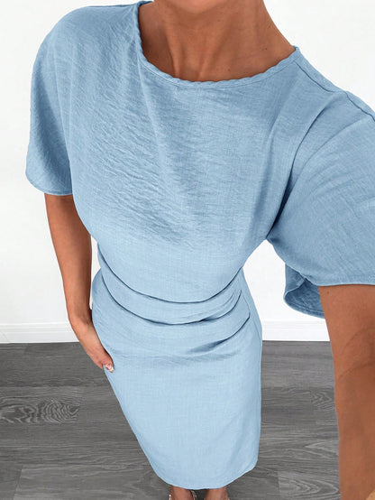 Fashzeo sky blue linen blend long dress featuring a square neck, high slit, and ruffled fishtail hem for a quiet luxury aesthetic.3