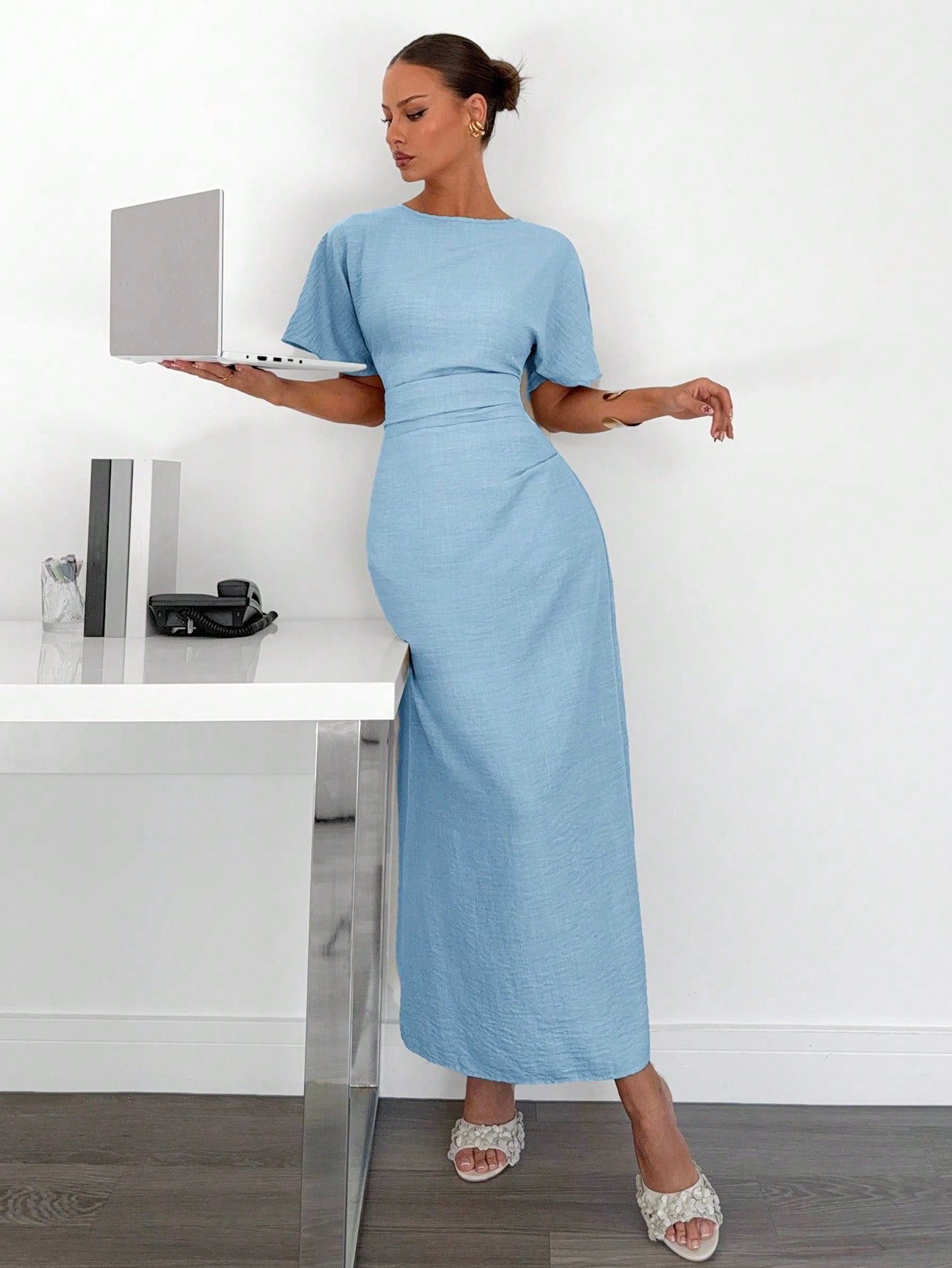 Fashzeo sky blue linen blend long dress featuring a square neck, high slit, and ruffled fishtail hem for a quiet luxury aesthetic.4