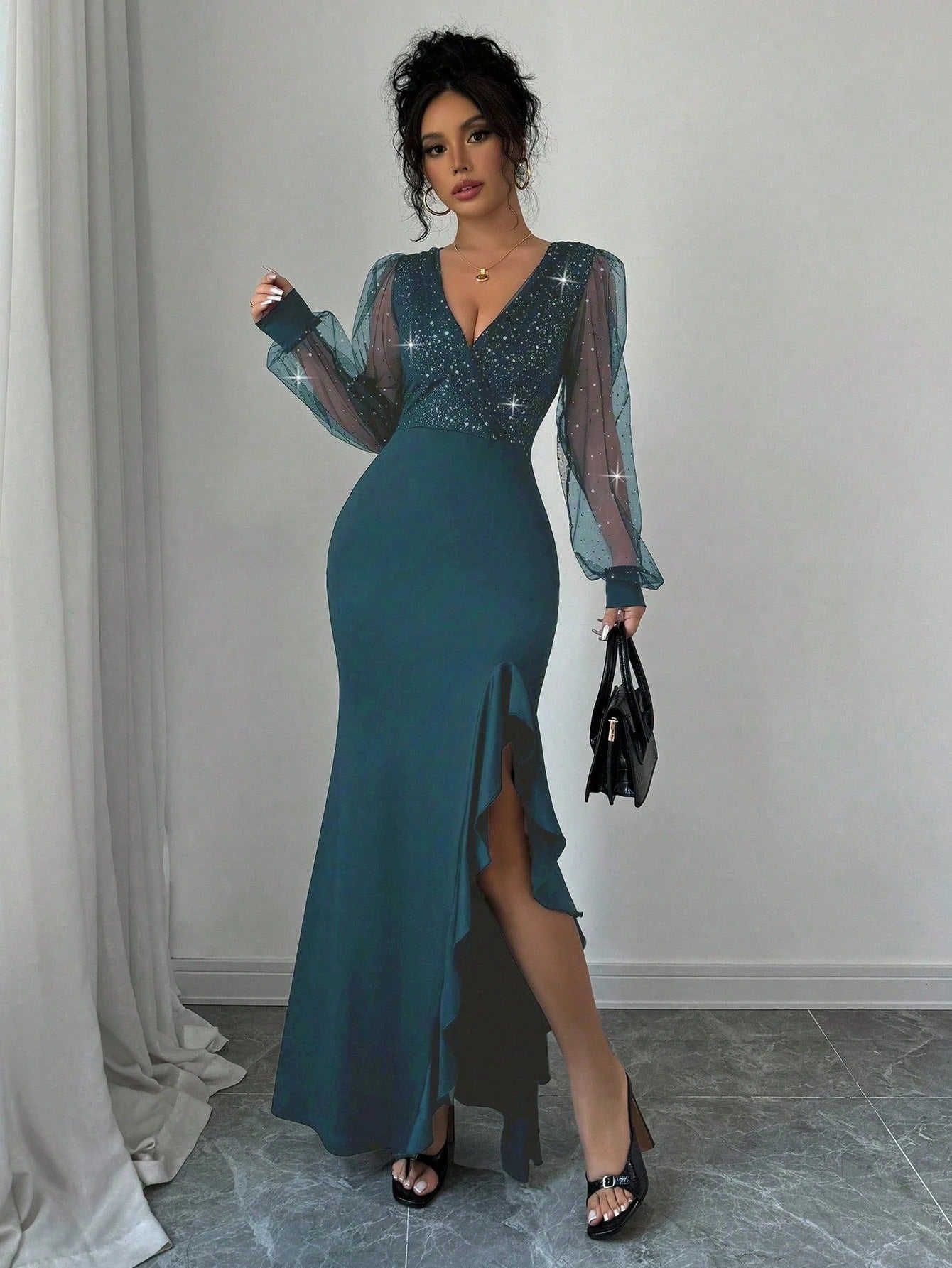 Fashzeo teal blue V-neck sequin spliced maxi dress with a daring high slit and body-hugging elastic knit for premium party wear.