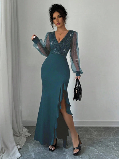 Fashzeo teal blue V-neck sequin spliced maxi dress with a daring high slit and body-hugging elastic knit for premium party wear.